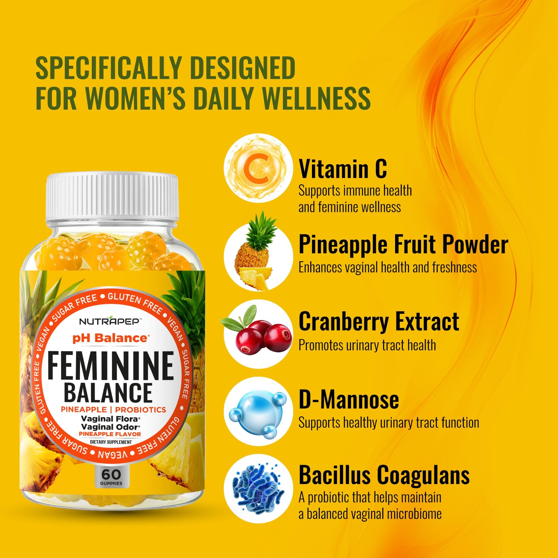 NutraPep Feminine Balance Probiotics Gummies for Women - Vaginal Health & Women's pH Balance Natural Gummy Supplement with Cranberry Pineapple Powder - Sugar Free Gluten Free Vegan (Pack of 2) - dailyvitalstore