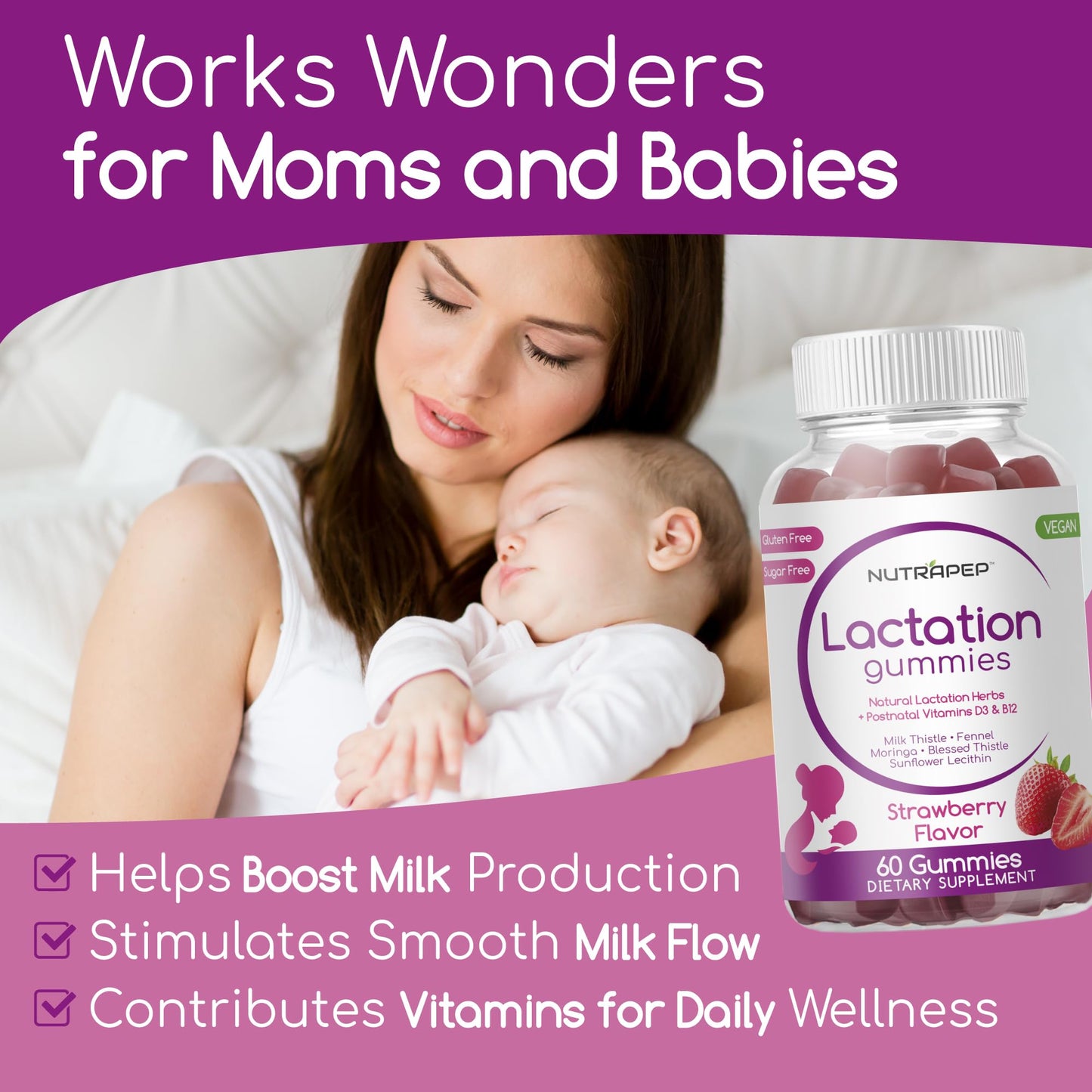 NutraPep Lactation and Postnatal Support Gummies - Milk Production Supply Increase Supplements for Breastfeeding Women - with Vitamins D3 B12 Milk Thistle Fennel - dailyvitalstore