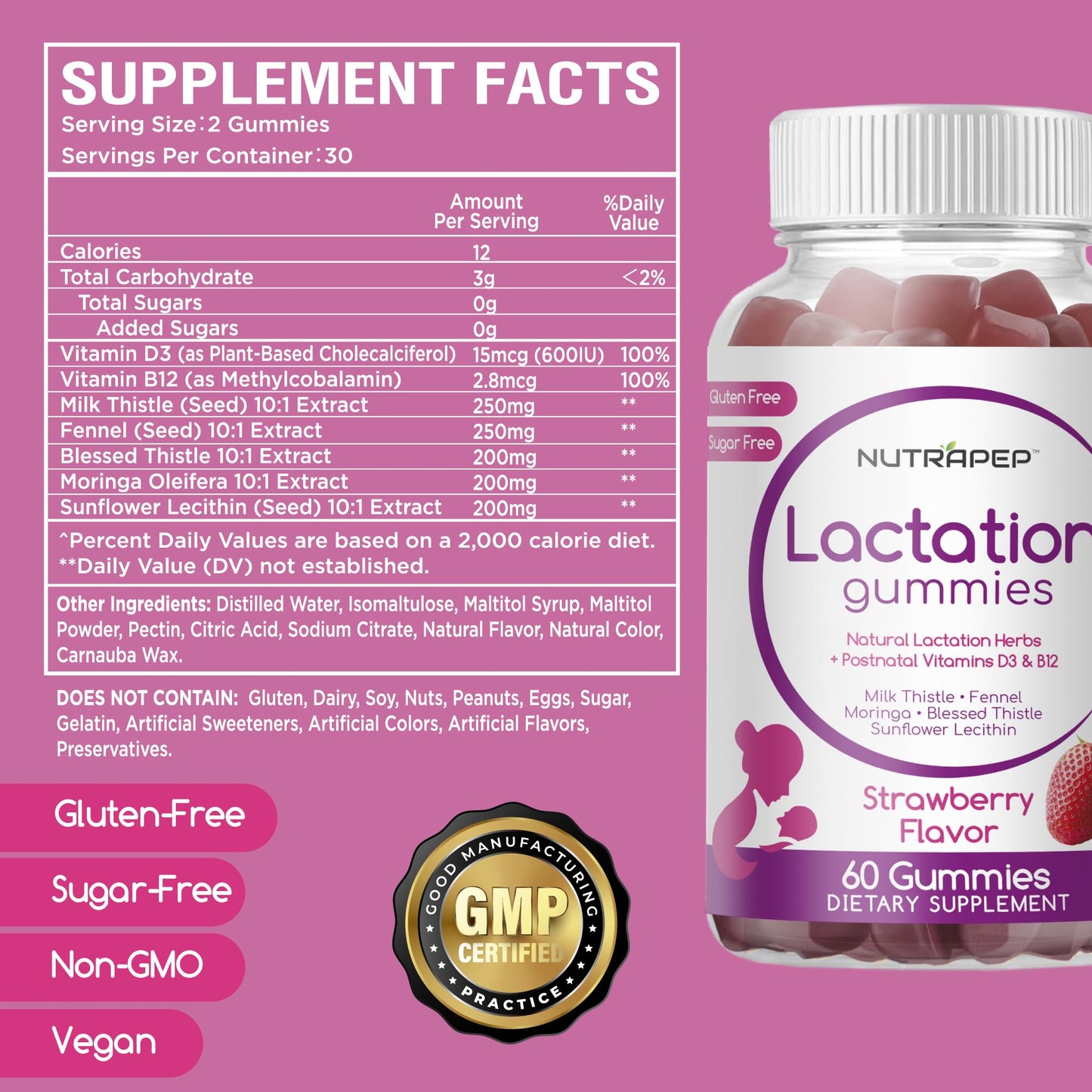 NutraPep Lactation and Postnatal Support Gummies - Milk Production Supply Increase Supplements for Breastfeeding Women - with Vitamins D3 B12 Milk Thistle Fennel - dailyvitalstore