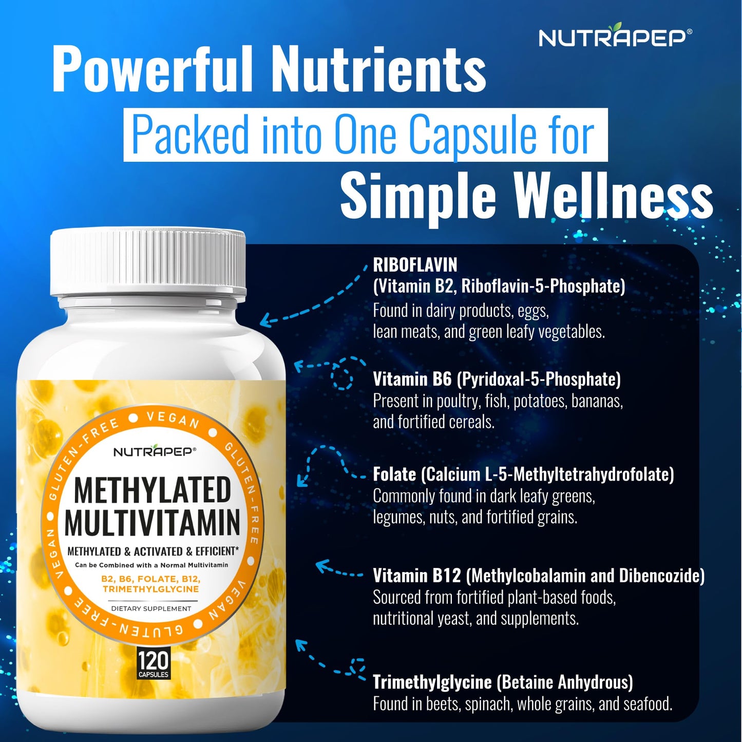 NutraPep Methylated Multivitamin for Men Women - 5-MTHF Riboflavin Vitamin B2 B6 B12 B Complex Trimethylglycine Methyl Folate L Methylfolate Capsules Supplement - dailyvitalstore