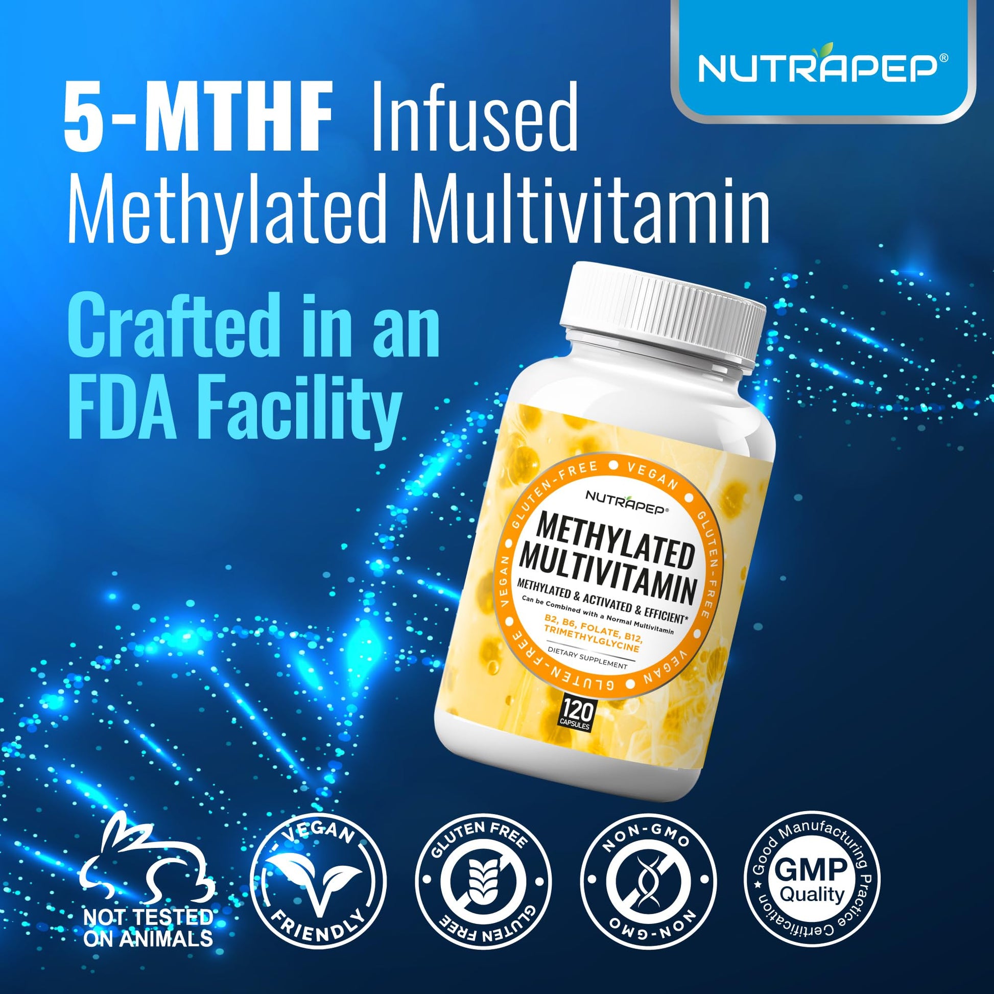 NutraPep Methylated Multivitamin for Men Women - 5-MTHF Riboflavin Vitamin B2 B6 B12 B Complex Trimethylglycine Methyl Folate L Methylfolate Capsules Supplement - dailyvitalstore