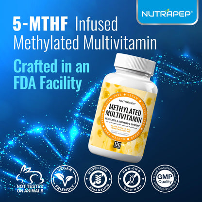 NutraPep Methylated Multivitamin for Men Women - 5-MTHF Riboflavin Vitamin B2 B6 B12 B Complex Trimethylglycine Methyl Folate L Methylfolate Capsules Supplement - dailyvitalstore