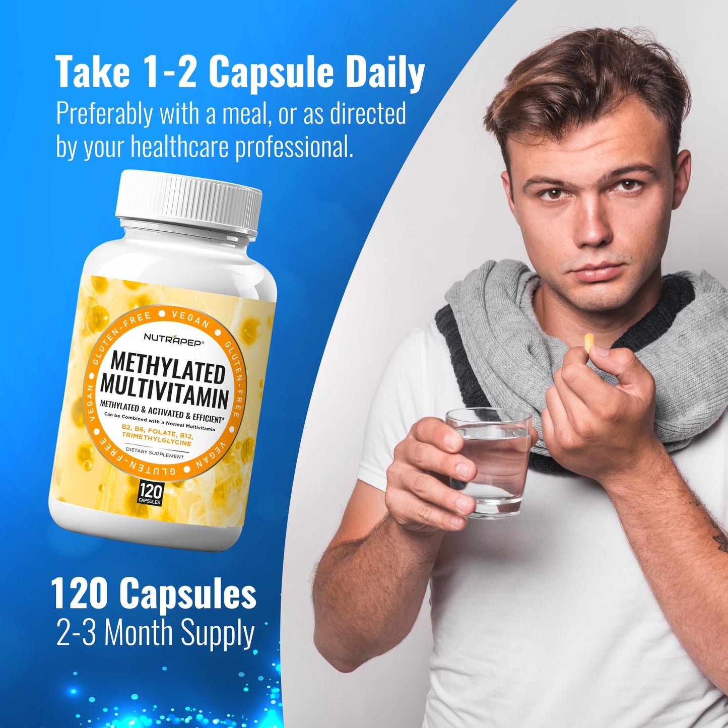 NutraPep Methylated Multivitamin for Men Women - 5-MTHF Riboflavin Vitamin B2 B6 B12 B Complex Trimethylglycine Methyl Folate L Methylfolate Capsules Supplement - dailyvitalstore