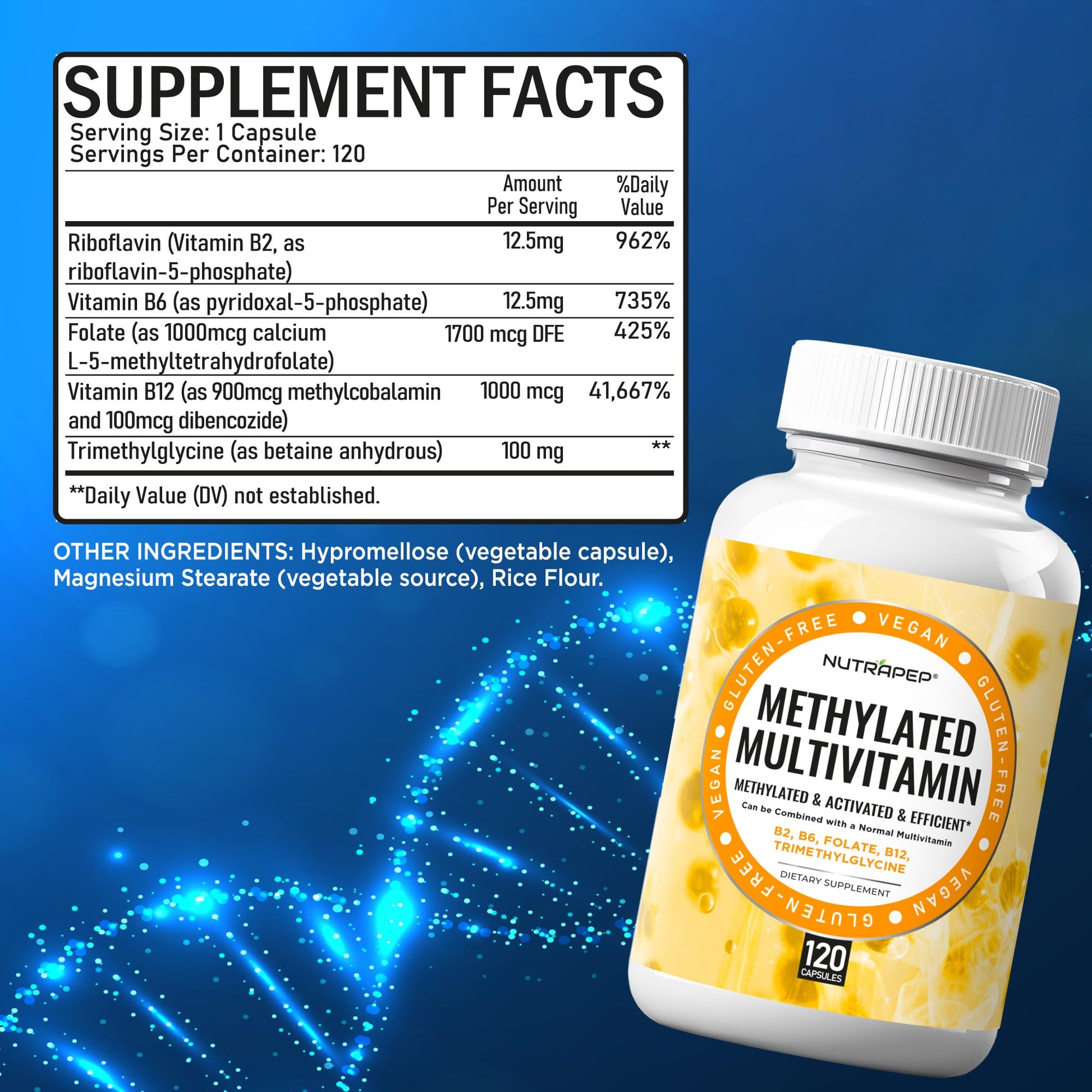 NutraPep Methylated Multivitamin for Men Women - 5-MTHF Riboflavin Vitamin B2 B6 B12 B Complex Trimethylglycine Methyl Folate L Methylfolate Capsules Supplement - dailyvitalstore