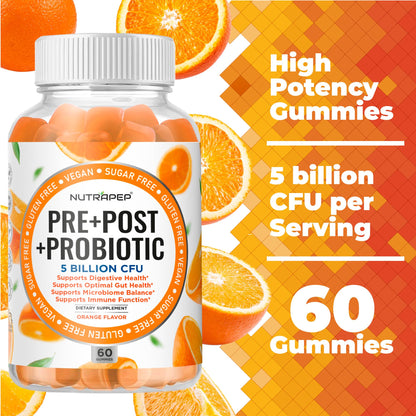 NutraPep Prebiotic Probiotic & Postbiotic Gummies for Women Men & Kids Children - High Potency 5 Billion CFU - Sugar-Free & Gluten 60 Count (Pack of 2) - dailyvitalstore