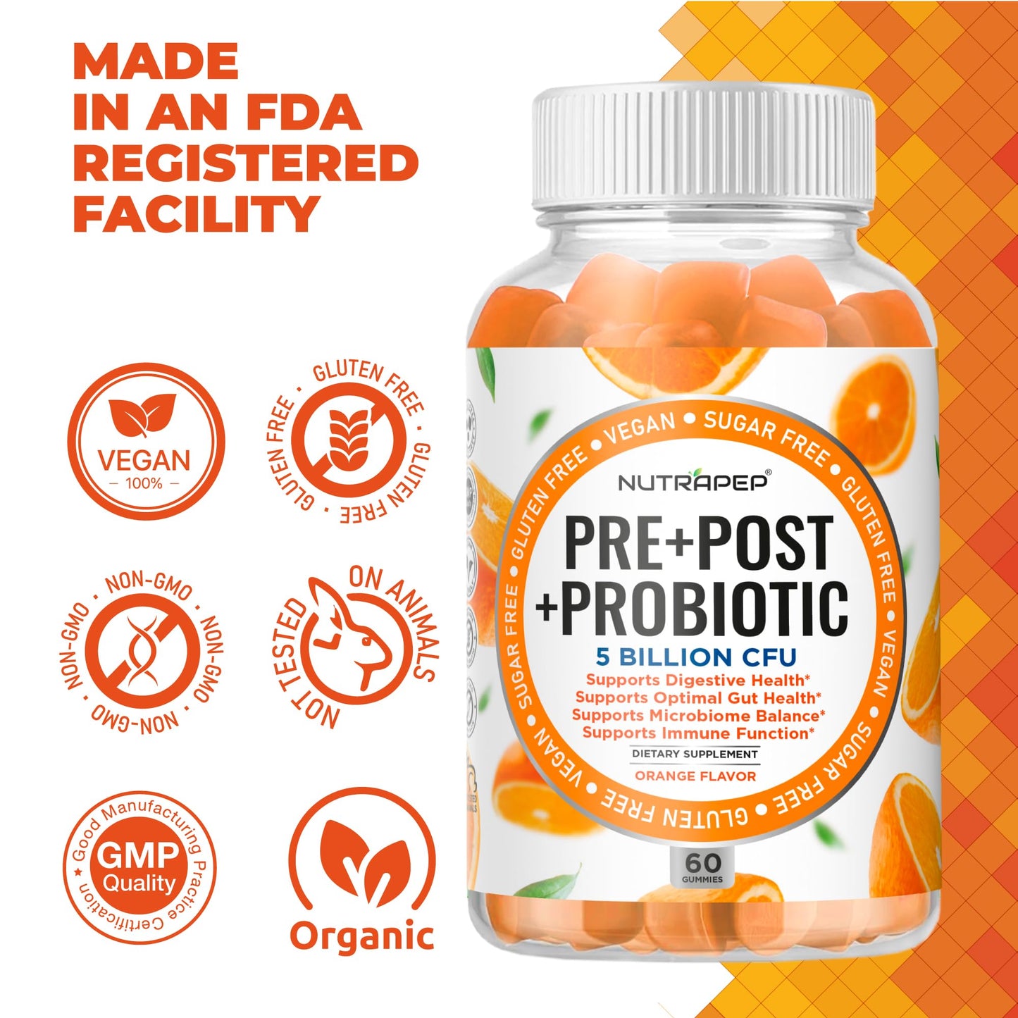 NutraPep Prebiotic Probiotic & Postbiotic Gummies for Women Men & Kids Children - High Potency 5 Billion CFU - Sugar-Free & Gluten 60 Count (Pack of 2) - dailyvitalstore