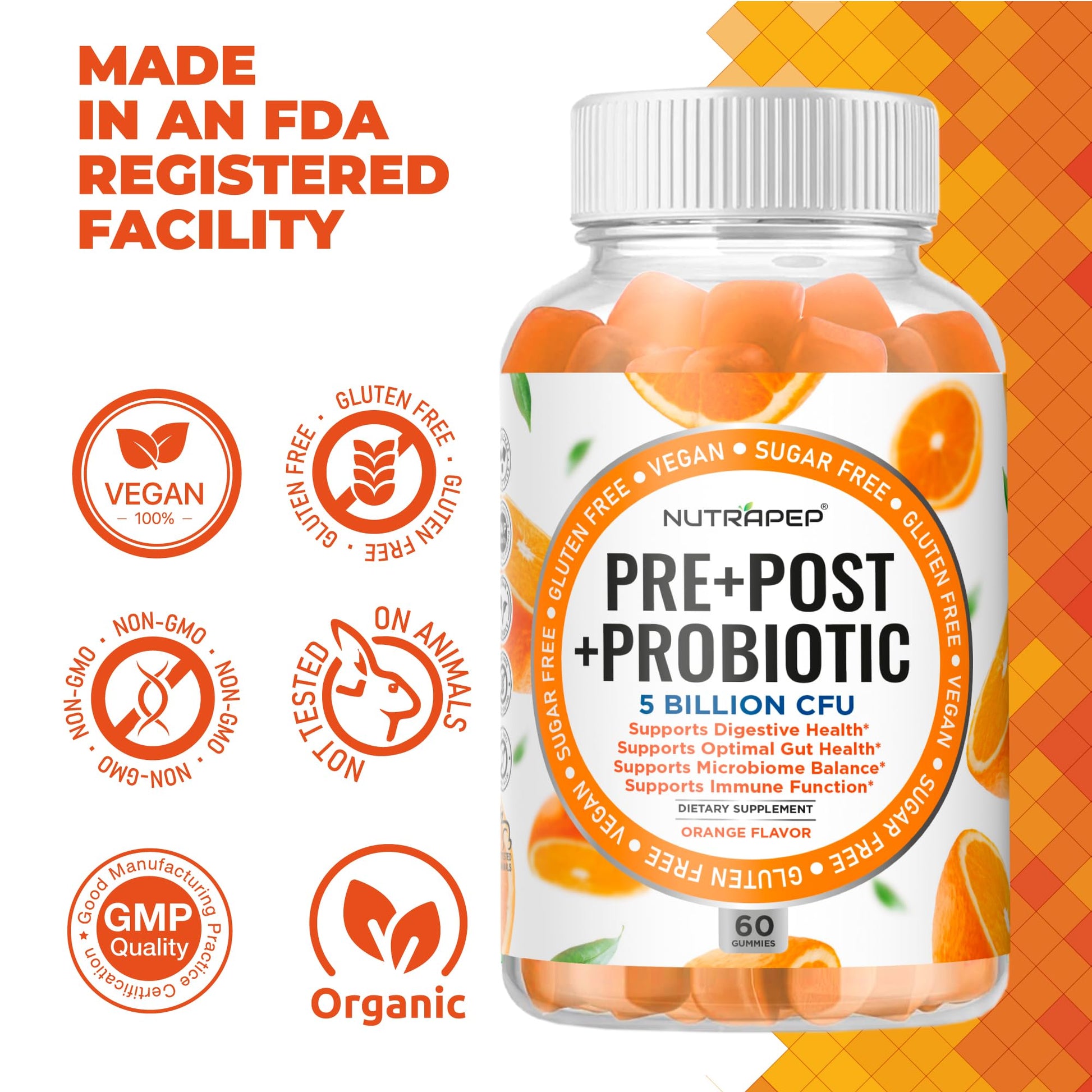 NutraPep Prebiotic Probiotic & Postbiotic Gummies for Women Men & Kids Children - High Potency 5 Billion CFU - Sugar-Free & Gluten 60 Count (Pack of 2) - dailyvitalstore