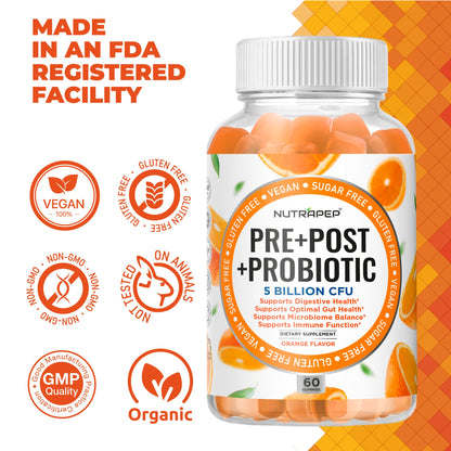 NutraPep Prebiotic Probiotic & Postbiotic Gummies for Women Men & Kids Children - High Potency 5 Billion CFU - Sugar-Free & Gluten 60 Count (Pack of 2) - dailyvitalstore