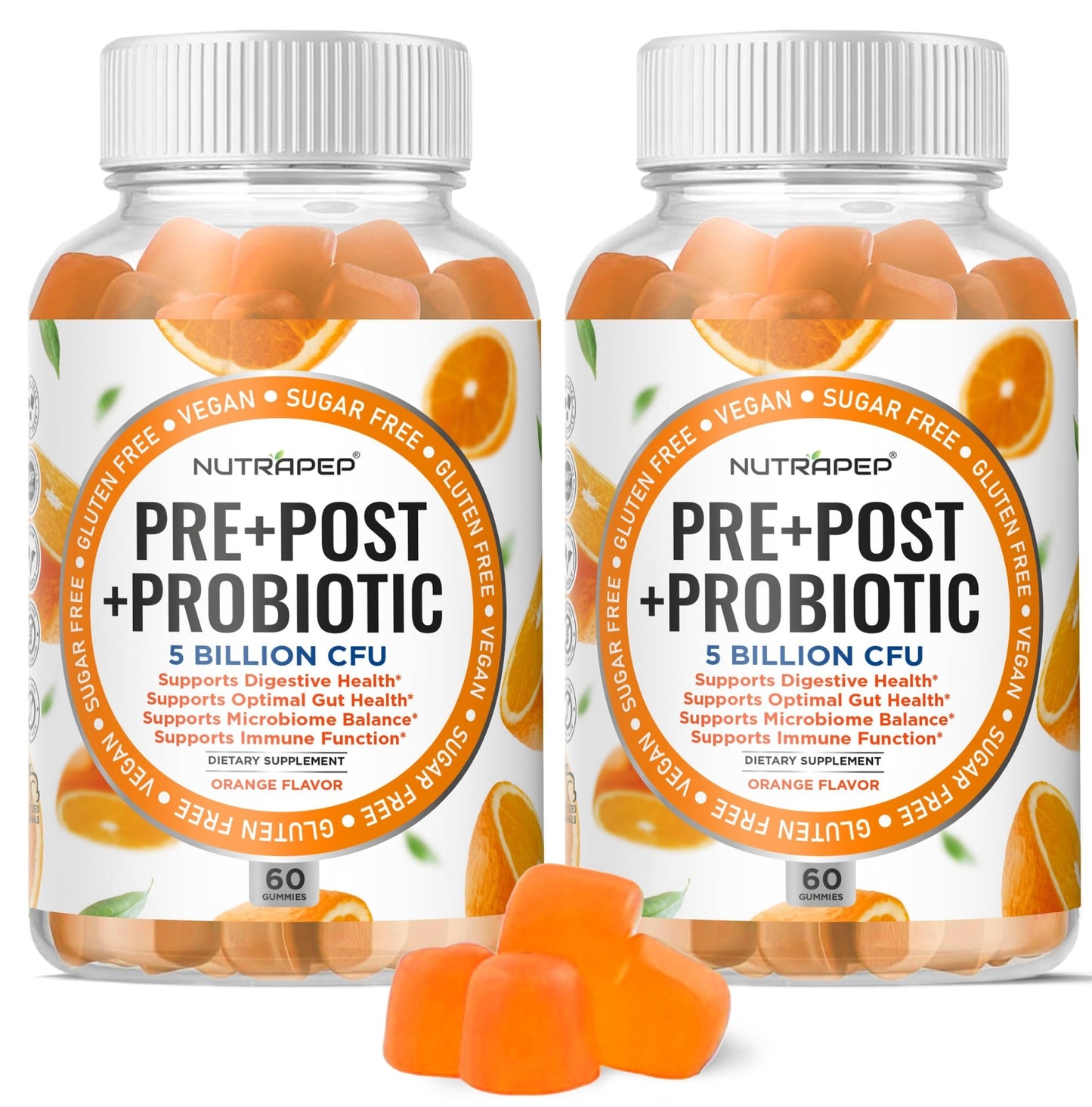 NutraPep Prebiotic Probiotic & Postbiotic Gummies for Women Men & Kids Children - High Potency 5 Billion CFU - Sugar-Free & Gluten 60 Count (Pack of 2) - dailyvitalstore
