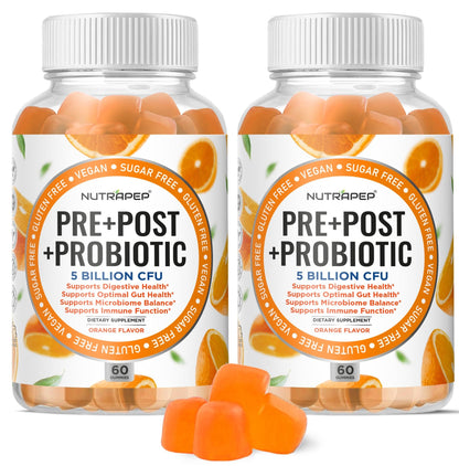 NutraPep Prebiotic Probiotic & Postbiotic Gummies for Women Men & Kids Children - High Potency 5 Billion CFU - Sugar-Free & Gluten 60 Count (Pack of 2) - dailyvitalstore