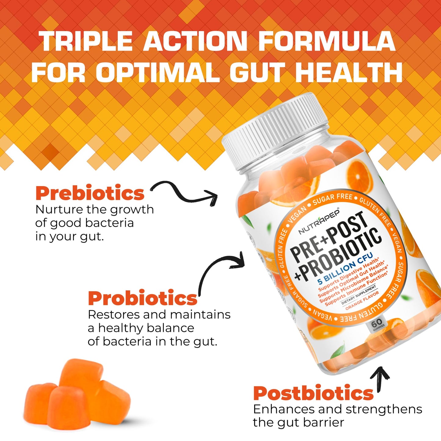 NutraPep Prebiotic Probiotic & Postbiotic Gummies for Women Men & Kids Children - High Potency 5 Billion CFU - Sugar-Free & Gluten 60 Count (Pack of 2) - dailyvitalstore