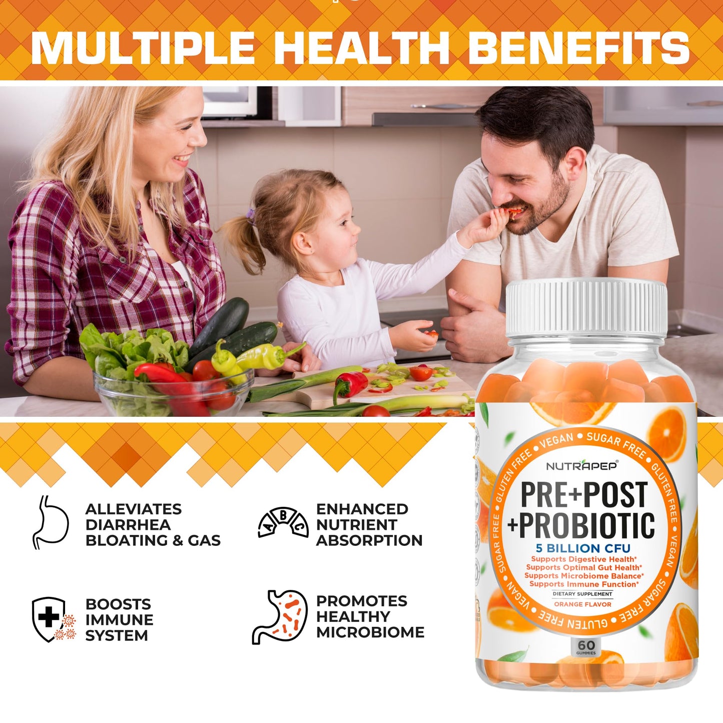 NutraPep Prebiotic Probiotic & Postbiotic Gummies for Women Men & Kids Children - High Potency 5 Billion CFU - Sugar-Free & Gluten 60 Count (Pack of 2) - dailyvitalstore