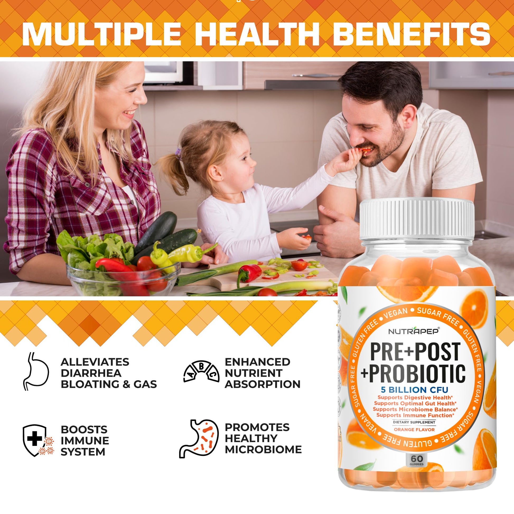 NutraPep Prebiotic Probiotic & Postbiotic Gummies for Women Men & Kids Children - High Potency 5 Billion CFU - Sugar-Free & Gluten 60 Count (Pack of 2) - dailyvitalstore