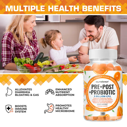 NutraPep Prebiotic Probiotic & Postbiotic Gummies for Women Men & Kids Children - High Potency 5 Billion CFU - Sugar-Free & Gluten 60 Count (Pack of 2) - dailyvitalstore
