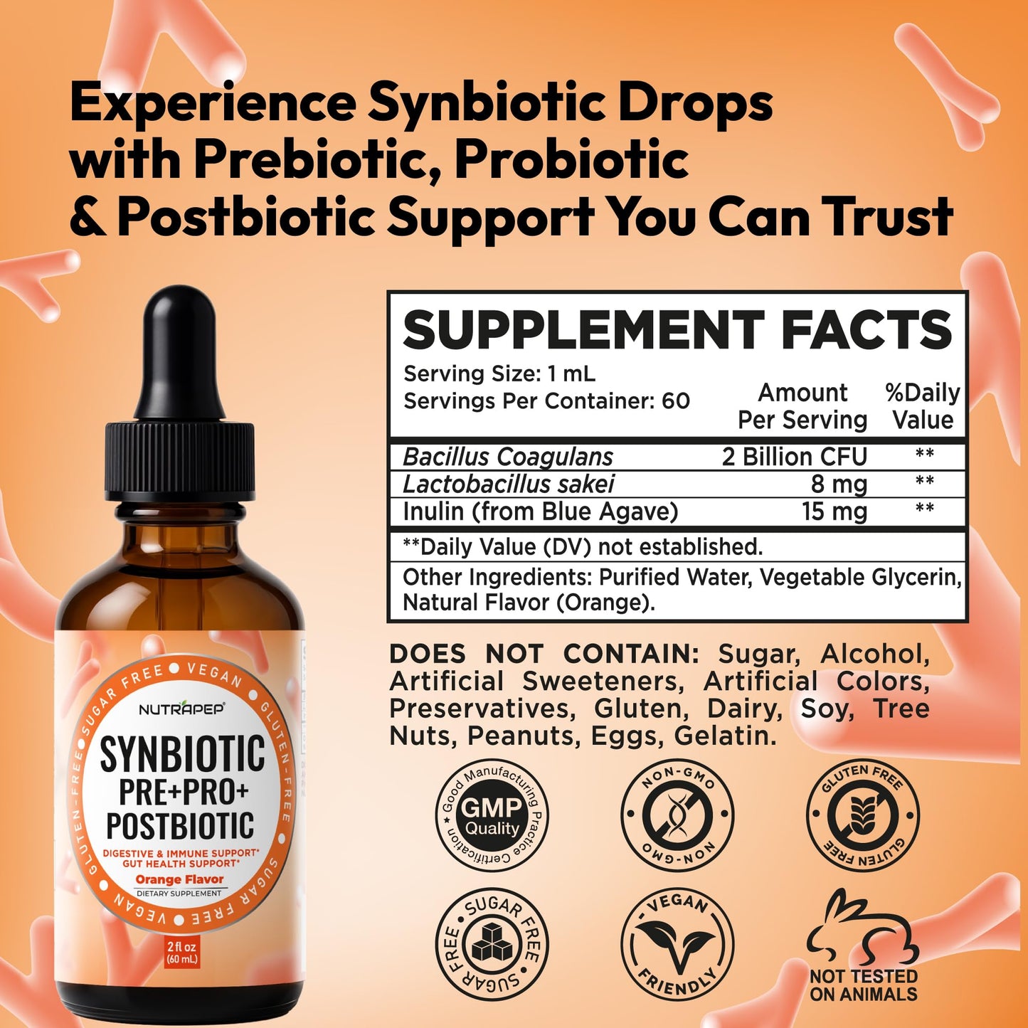 NutraPep Synbiotic Liquid Drops - Probiotic Prebiotic & Postbiotic Supplement for Adults Kids Ages 4+ - Daily Synbiotic for Gut Health Digestive & Immune Support - dailyvitalstore