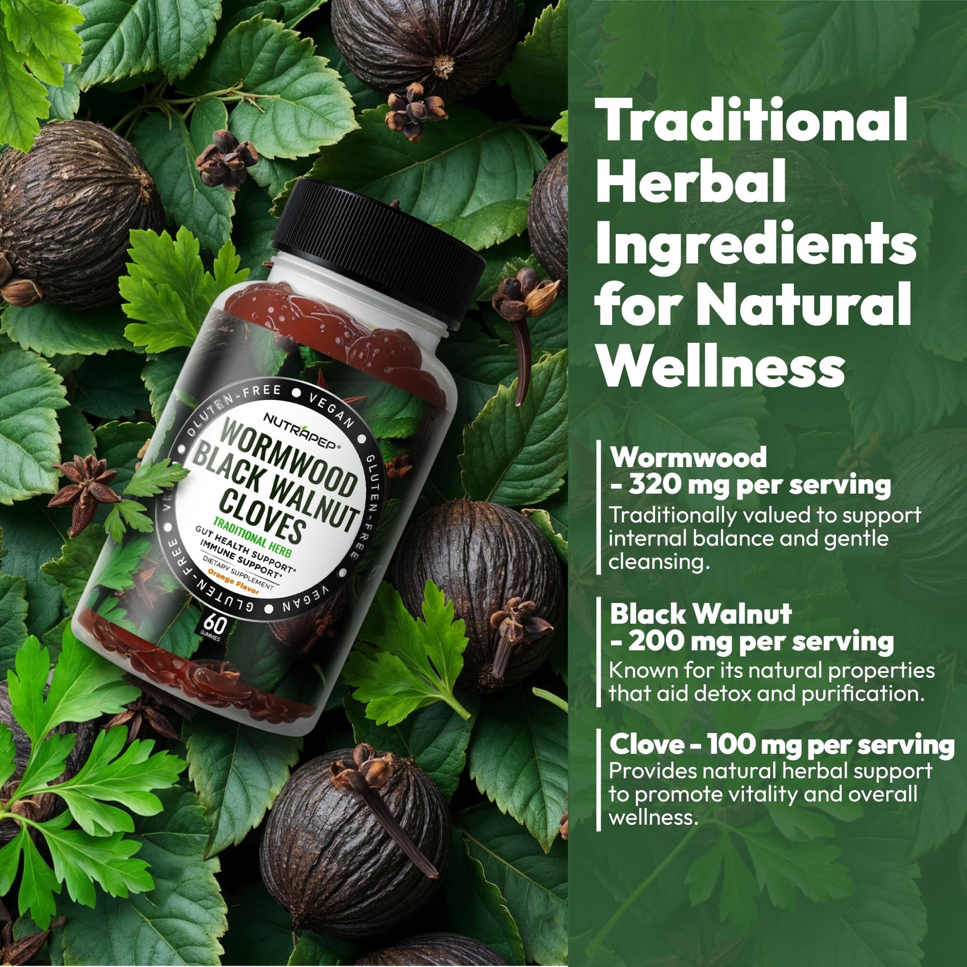 NutraPep Wormwood Black Walnut & Cloves Gummies - Gut Health Immune Support & Natural Detox Cleanse Traditional Herbal Supplement - Vegan Gluten-Free - dailyvitalstore