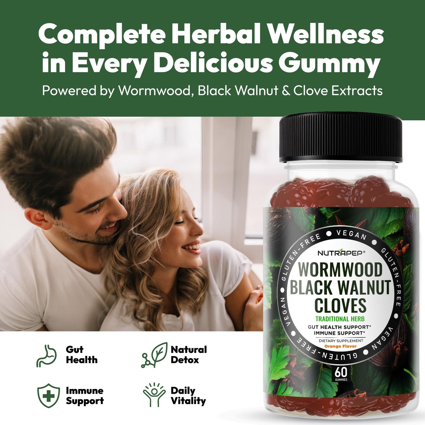 NutraPep Wormwood Black Walnut & Cloves Gummies - Gut Health Immune Support & Natural Detox Cleanse Traditional Herbal Supplement - Vegan Gluten-Free - dailyvitalstore