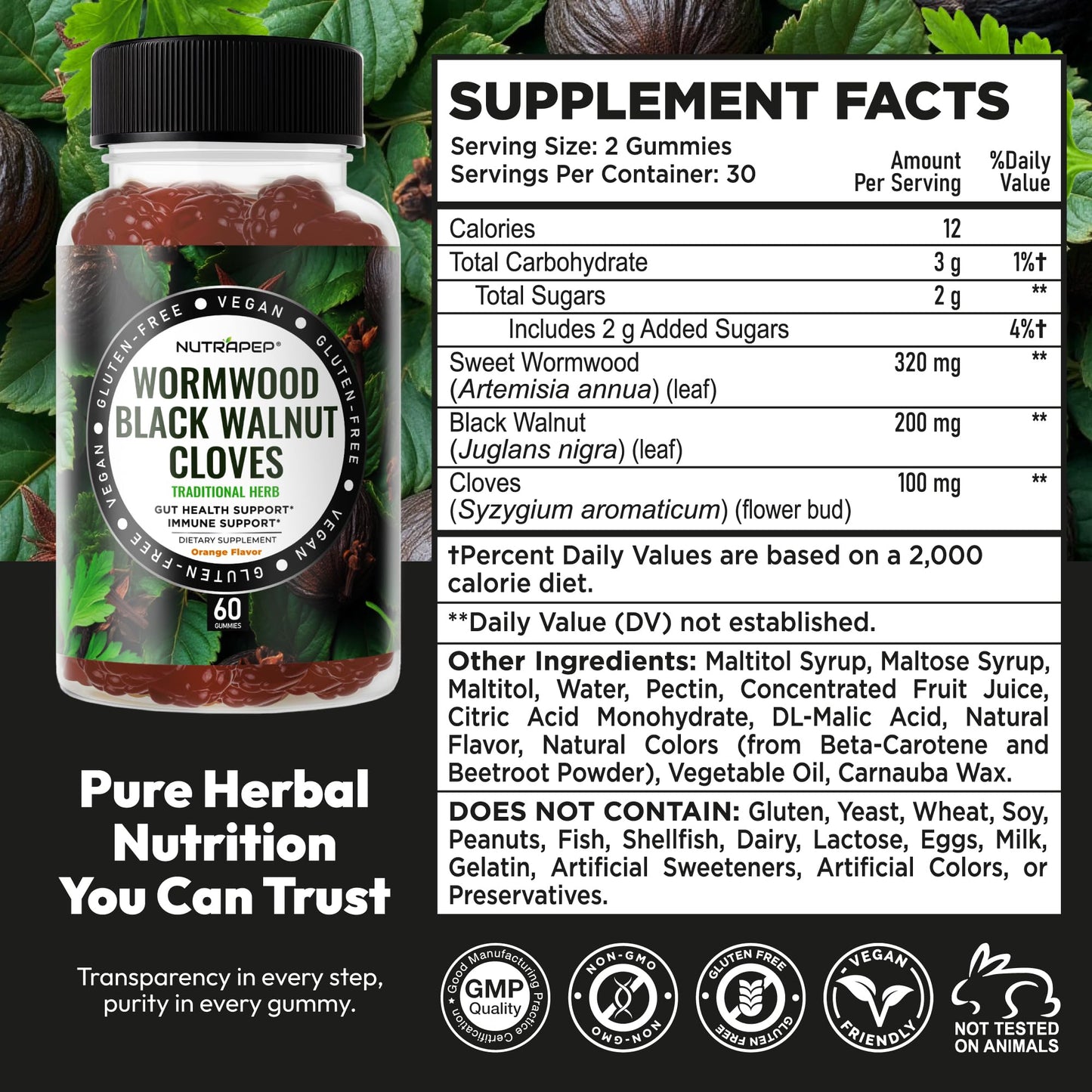 NutraPep Wormwood Black Walnut & Cloves Gummies - Gut Health Immune Support & Natural Detox Cleanse Traditional Herbal Supplement - Vegan Gluten-Free - dailyvitalstore