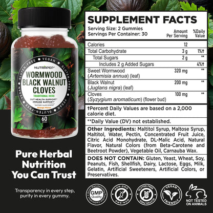 NutraPep Wormwood Black Walnut & Cloves Gummies - Gut Health Immune Support & Natural Detox Cleanse Traditional Herbal Supplement - Vegan Gluten-Free - dailyvitalstore