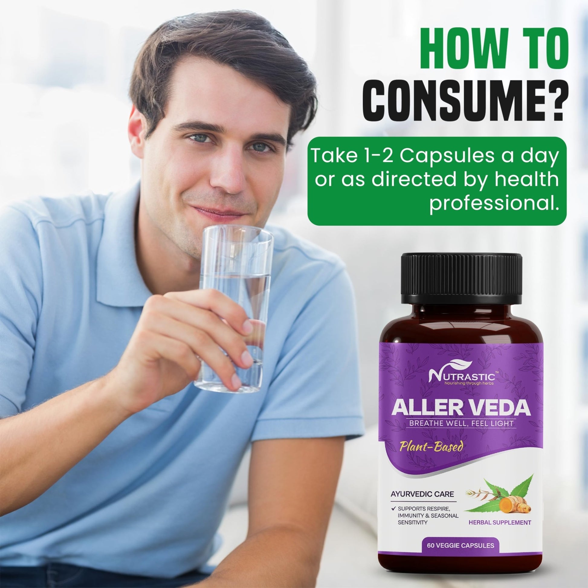 Nutrastic Aller Veda Respiratory Wellness Supplement with Pure Tulsi, Amla, Turmeric, and Neem | Natural Support for Healthy Breathing | 60 Caps - dailyvitalstore