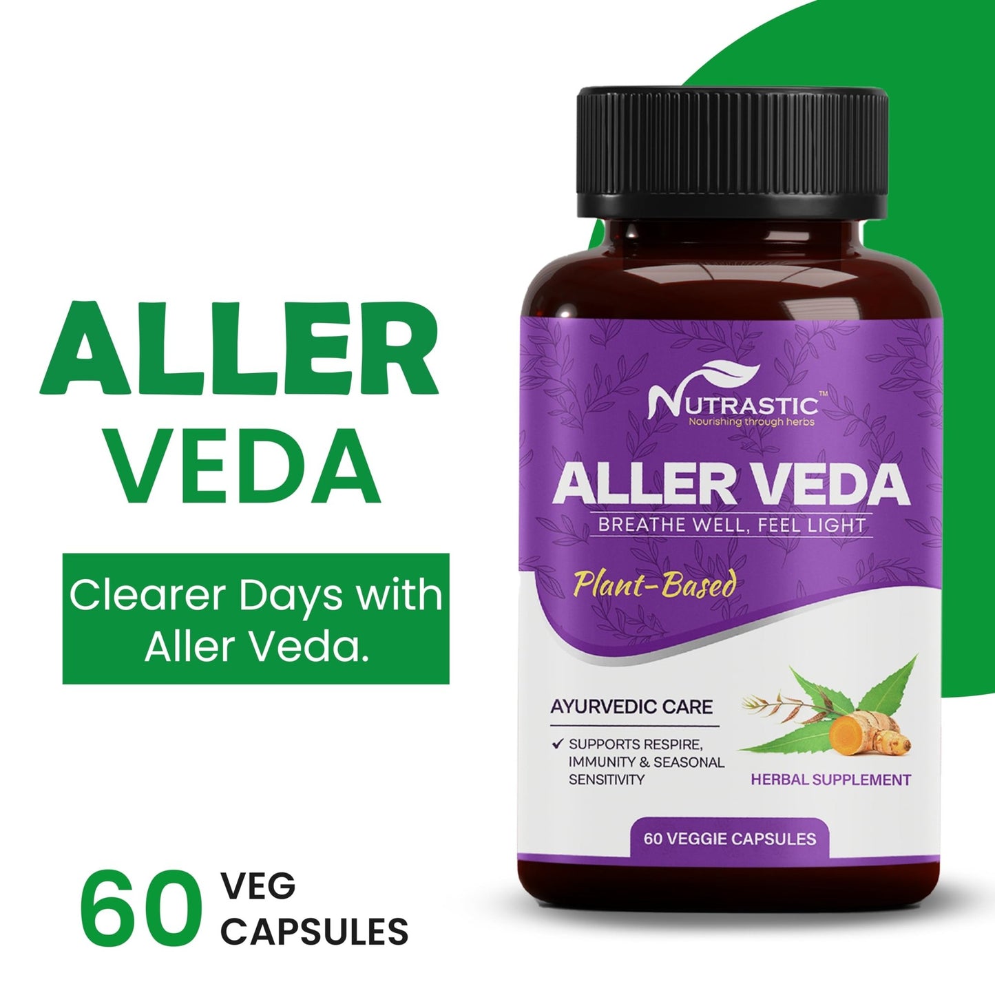 Nutrastic Aller Veda Respiratory Wellness Supplement with Pure Tulsi, Amla, Turmeric, and Neem | Natural Support for Healthy Breathing | 60 Caps - dailyvitalstore
