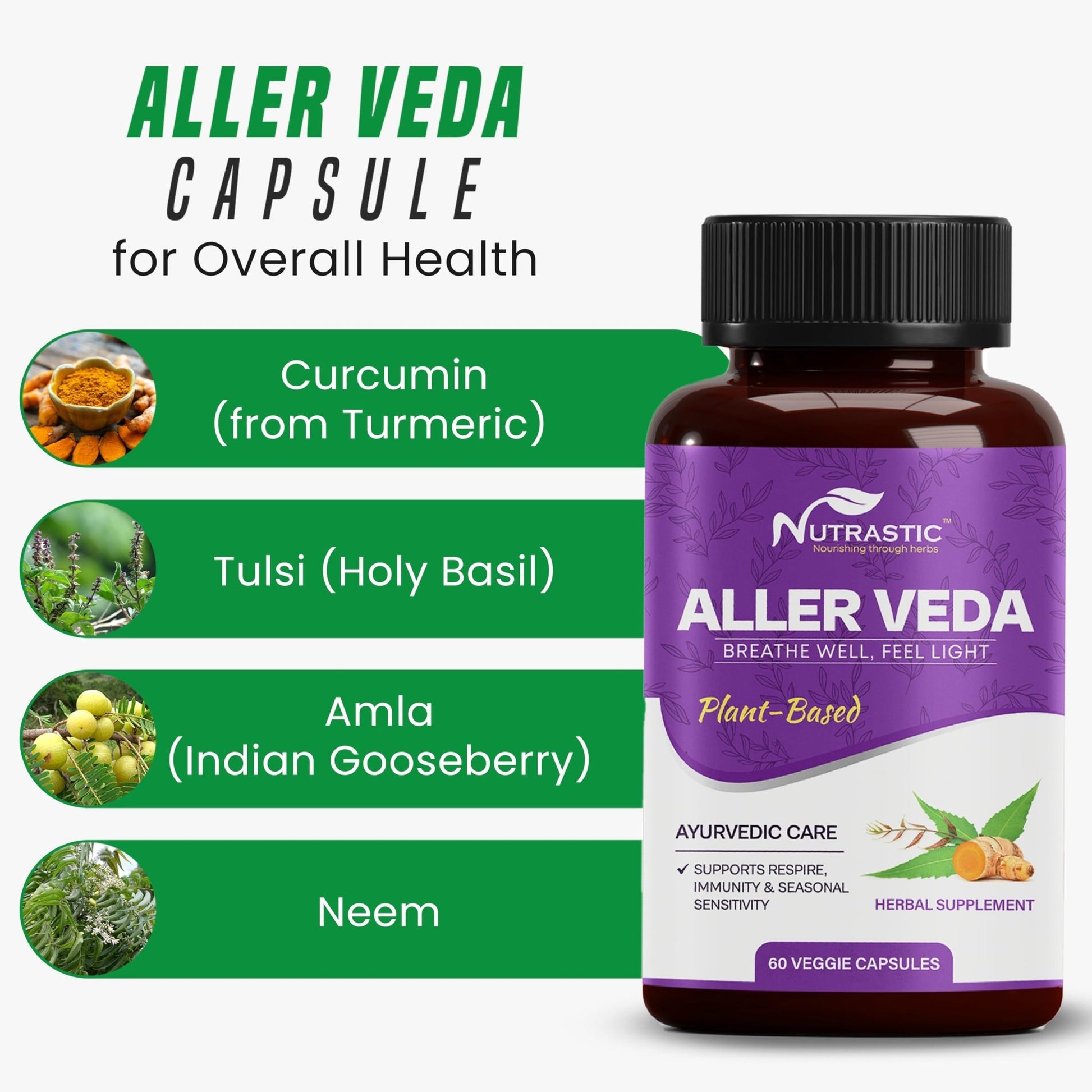 Nutrastic Aller Veda Respiratory Wellness Supplement with Pure Tulsi, Amla, Turmeric, and Neem | Natural Support for Healthy Breathing | 60 Caps - dailyvitalstore