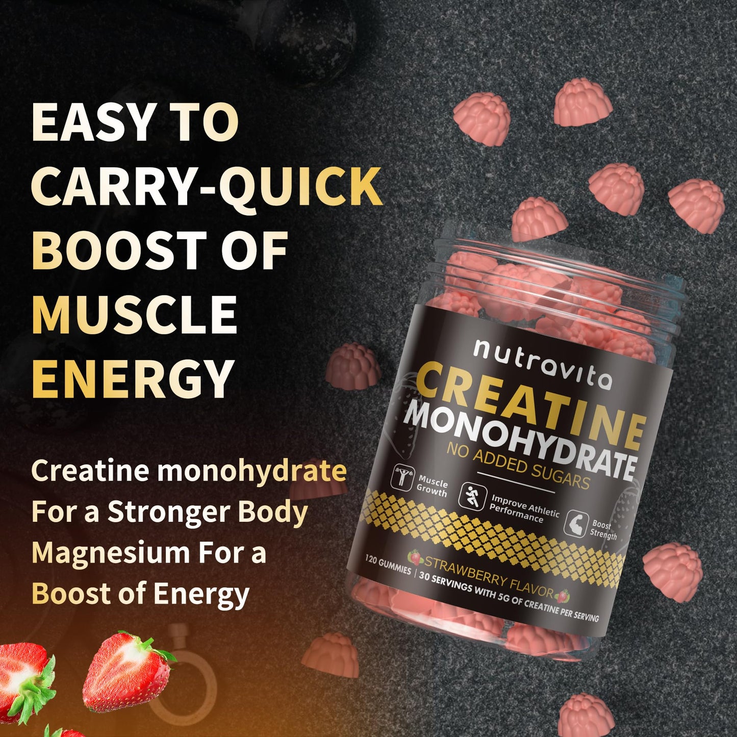 Nutravita NSF Certified Creatine Gummy - Creatine Monohydrate Gummies for Men & Women-5g of Creatine Monohydrate per Serving - Sugar Free, - dailyvitalstore