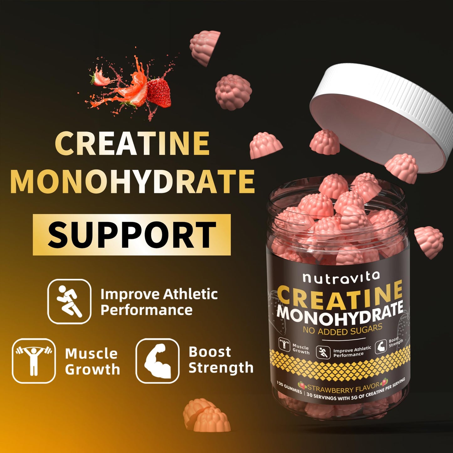 Nutravita NSF Certified Creatine Gummy - Creatine Monohydrate Gummies for Men & Women-5g of Creatine Monohydrate per Serving - Sugar Free, - dailyvitalstore