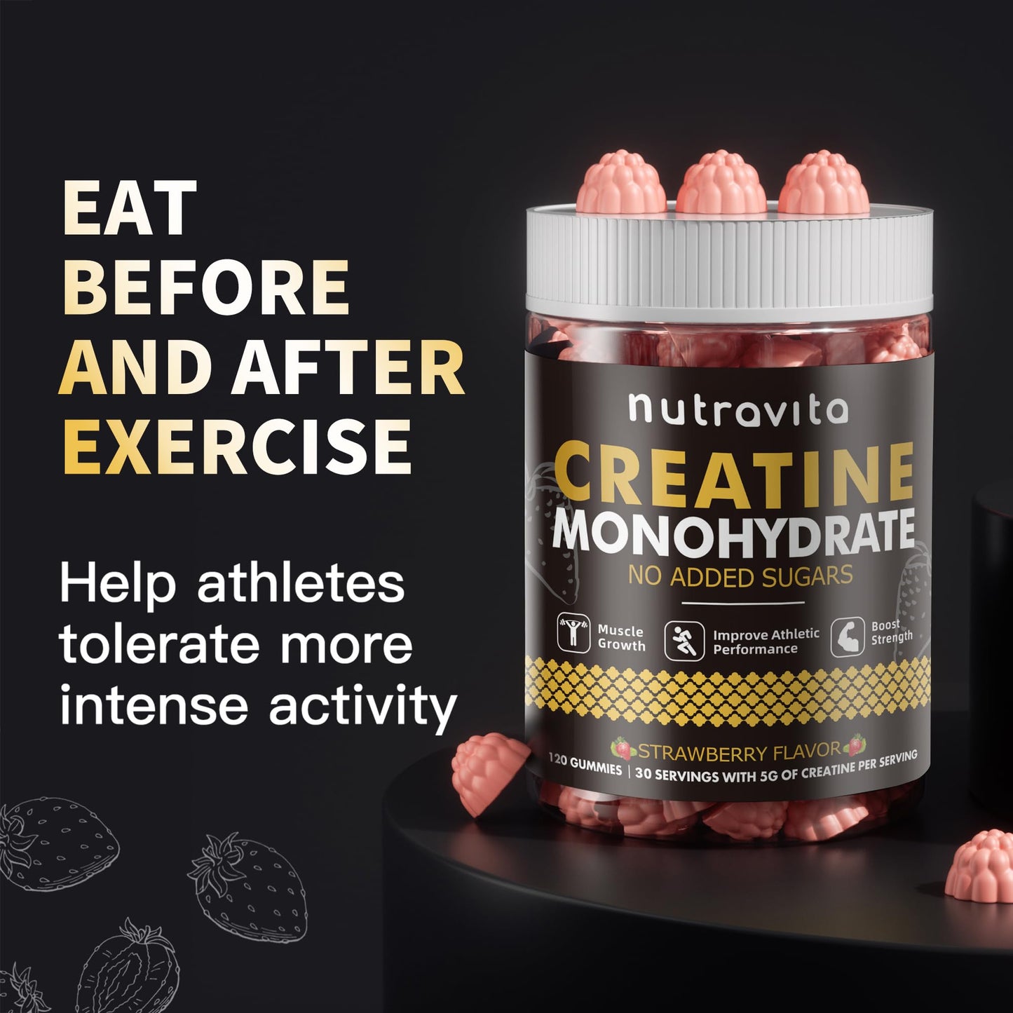 Nutravita NSF Certified Creatine Gummy - Creatine Monohydrate Gummies for Men & Women-5g of Creatine Monohydrate per Serving - Sugar Free, - dailyvitalstore