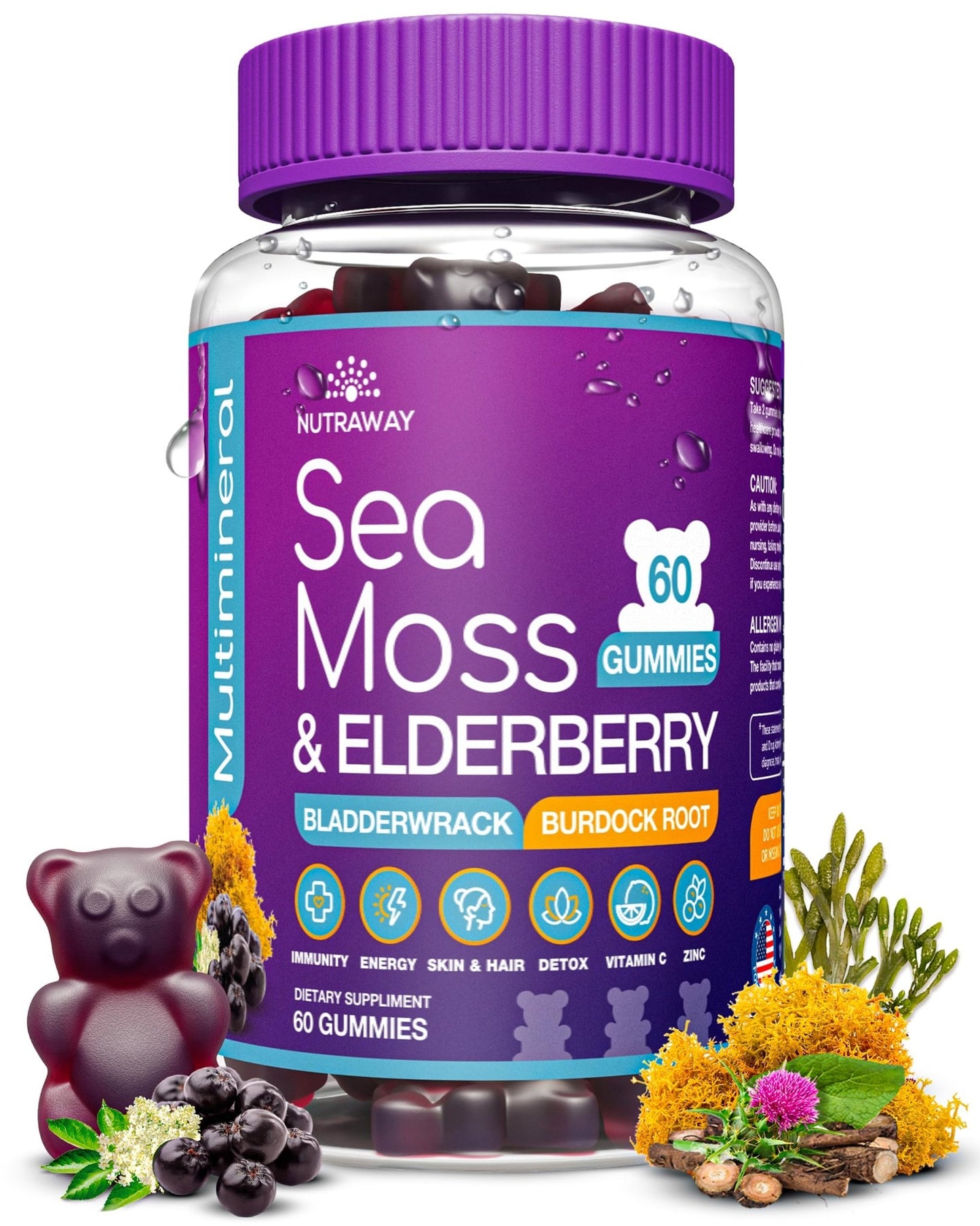NUTRAWAY LABS Sea Moss Gummies with Elderberry, Vitamin C & Zinc - 102 Minerals from Irish Sea Moss, Bladderwrack & Burdock Root for Immune Support - Vegan Seamoss Supplement (Pack of 1) - dailyvitalstore