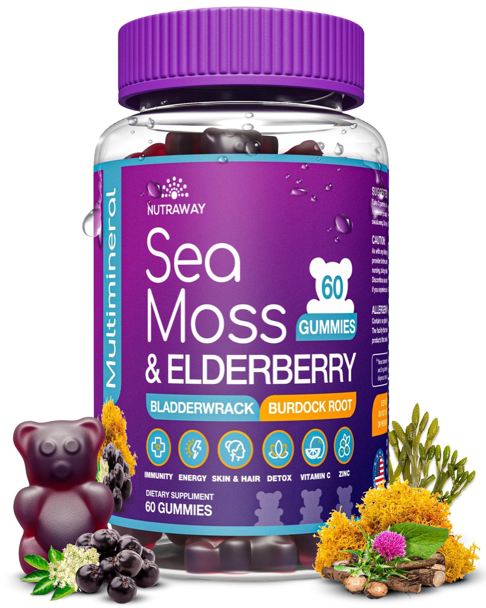 NUTRAWAY LABS Sea Moss Gummies with Elderberry, Vitamin C & Zinc - 102 Minerals from Irish Sea Moss, Bladderwrack & Burdock Root for Immune Support - Vegan Seamoss Supplement (Pack of 1) - dailyvitalstore