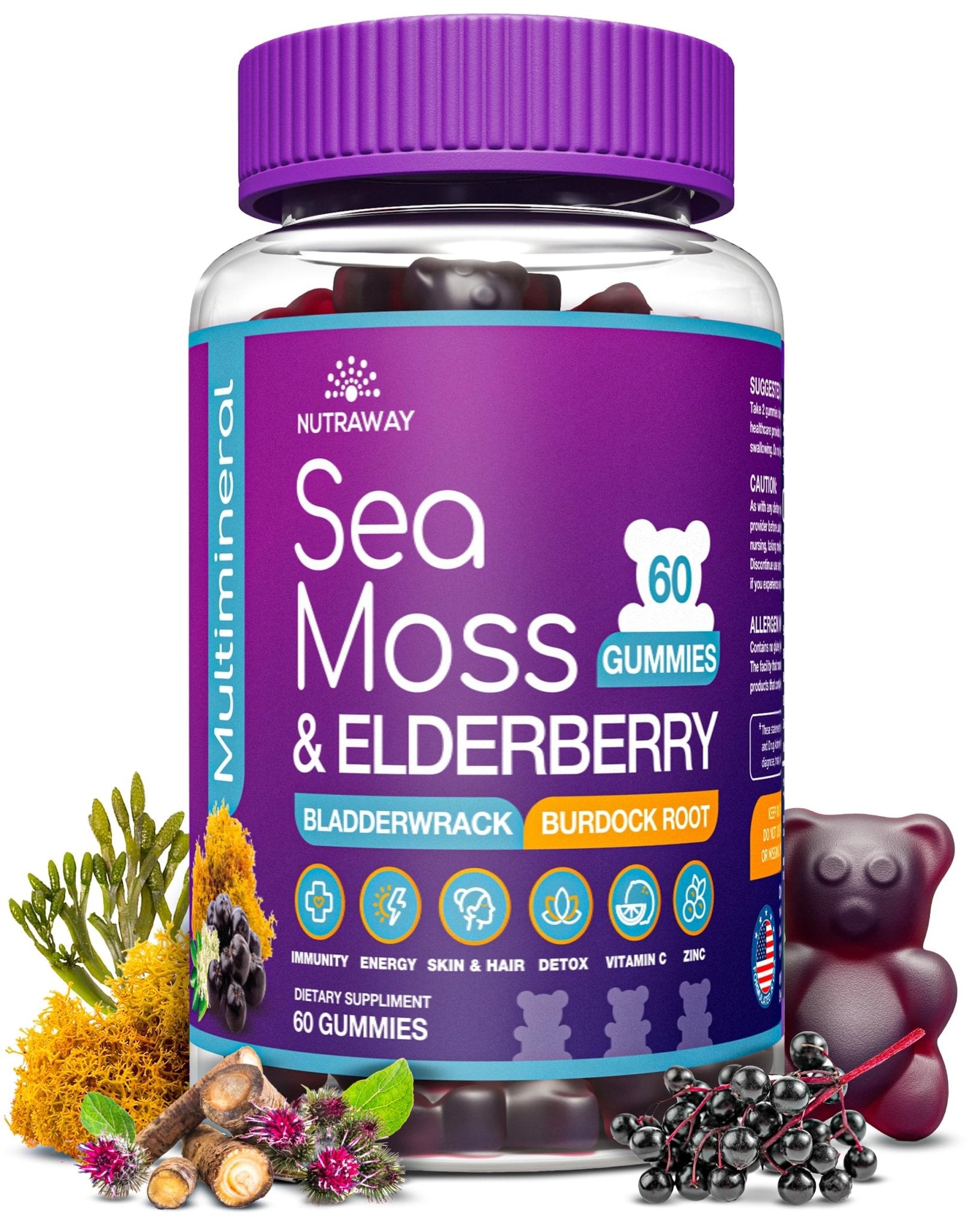 NUTRAWAY LABS Sea Moss Gummies with Elderberry, Vitamin C & Zinc - 102 Minerals from Irish Sea Moss, Bladderwrack & Burdock Root for Immune Support - Vegan Seamoss Supplement (Pack of 1) - dailyvitalstore