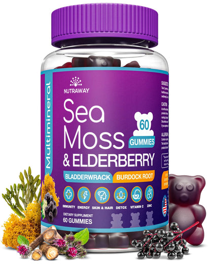 NUTRAWAY LABS Sea Moss Gummies with Elderberry, Vitamin C & Zinc - 102 Minerals from Irish Sea Moss, Bladderwrack & Burdock Root for Immune Support - Vegan Seamoss Supplement (Pack of 1) - dailyvitalstore