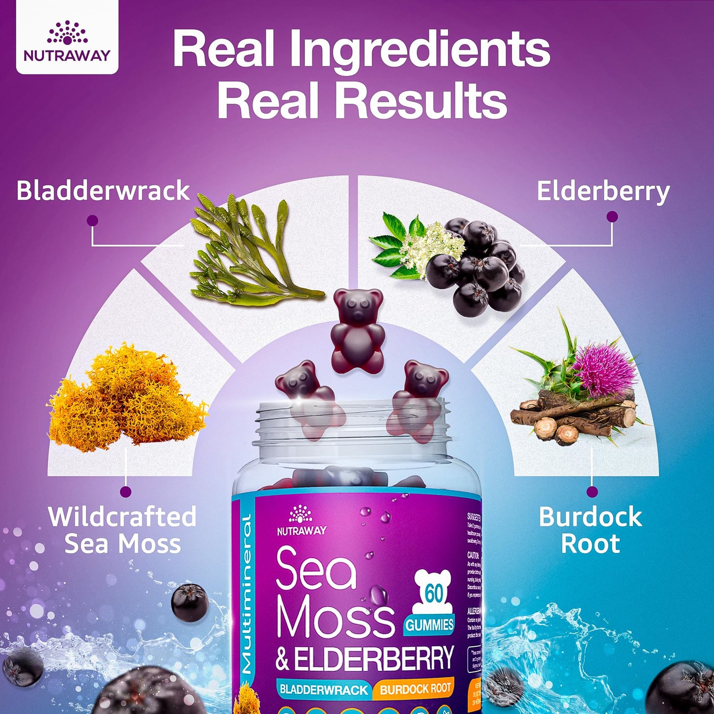 NUTRAWAY LABS Sea Moss Gummies with Elderberry, Vitamin C & Zinc - 102 Minerals from Irish Sea Moss, Bladderwrack & Burdock Root for Immune Support - Vegan Seamoss Supplement (Pack of 1) - dailyvitalstore