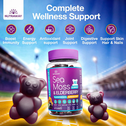 NUTRAWAY LABS Sea Moss Gummies with Elderberry, Vitamin C & Zinc - 102 Minerals from Irish Sea Moss, Bladderwrack & Burdock Root for Immune Support - Vegan Seamoss Supplement (Pack of 1) - dailyvitalstore