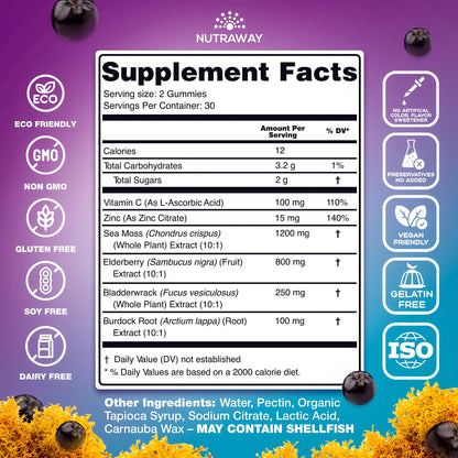 NUTRAWAY LABS Sea Moss Gummies with Elderberry, Vitamin C & Zinc - 102 Minerals from Irish Sea Moss, Bladderwrack & Burdock Root for Immune Support - Vegan Seamoss Supplement (Pack of 1) - dailyvitalstore