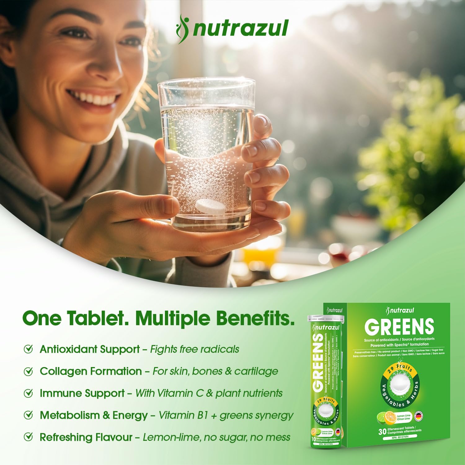 nutrazul Greens Effervescent Tablets - Daily Super Greens Supplement with 29 Superfoods - Antioxidant & Immune Support - Lemon Lime Flavor - Non-GMO - 30 Tablets - dailyvitalstore