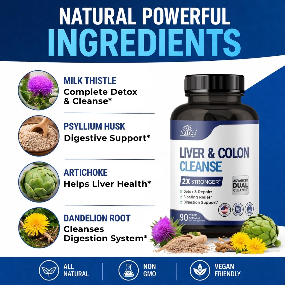 Nutreb Liver & Colon Cleanse - 2X Stronger - Liver Cleanse Detox & Repair - Colon Cleanser & Detox - Premium Milk Thistle Supplement - dailyvitalstore