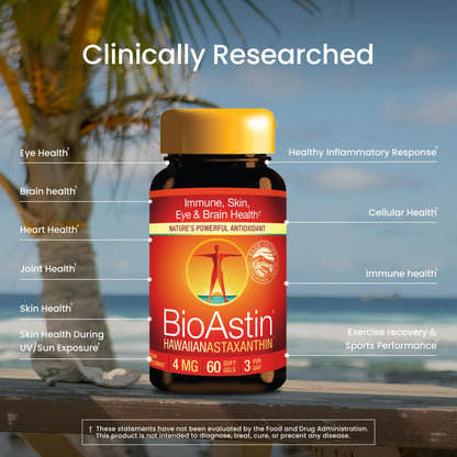 Nutrex Hawaii BioAstin Hawaiian Astaxanthin - 4mg, 60 Softgels - Farm-Direct Premium Antioxidant Supplement to Support Eye, Skin, Joint & Immune System Health - Non-GMO & Gluten-Free - dailyvitalstore