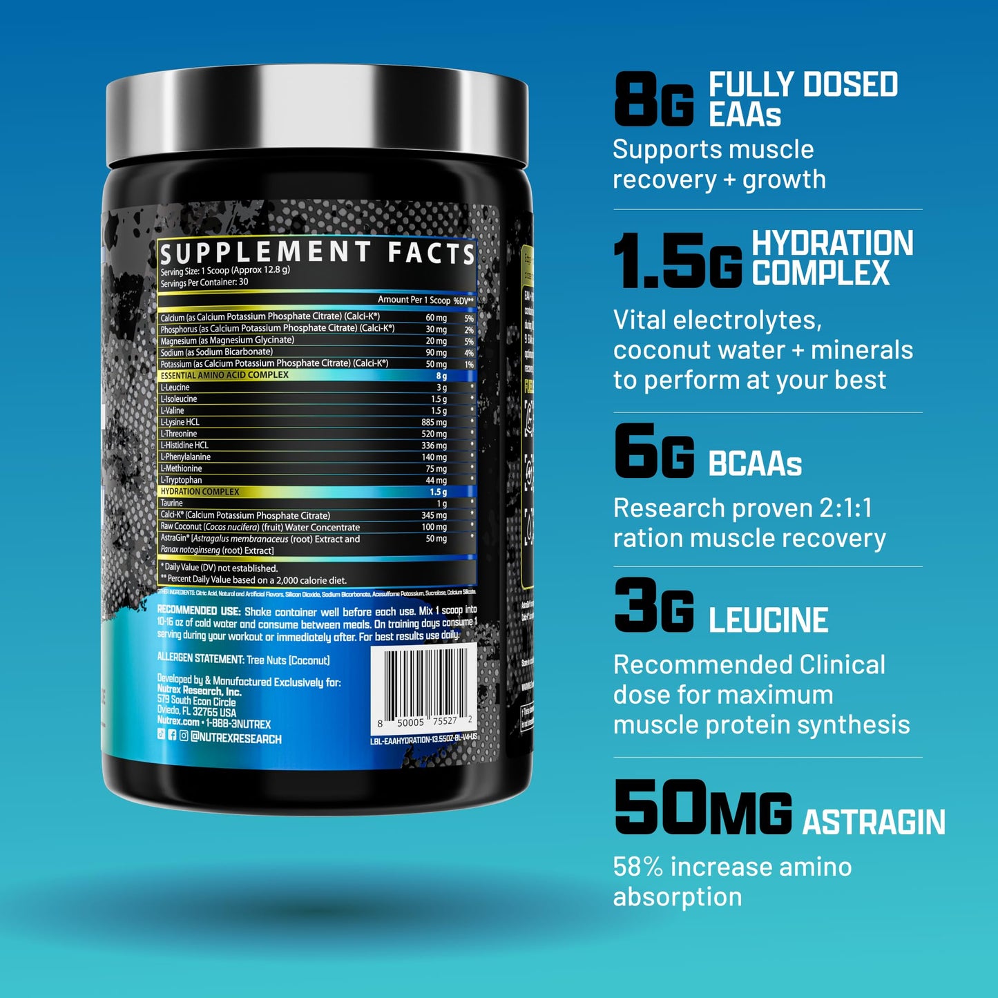 Nutrex Research EAA Hydration | EAAs + BCAA Powder | Muscle Recovery, Strength, Muscle Building, Endurance | 8G Essential Amino Acids + Electrolytes | Blueberry Lemonade 30 Servings - dailyvitalstore