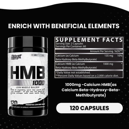Nutrex Research HMB 1000 MG | Supports Muscle Recovery, Reduce Skeletal Muscle Damage, Increased Strength, Prevent Muscle Loss | 120 Capsules - dailyvitalstore