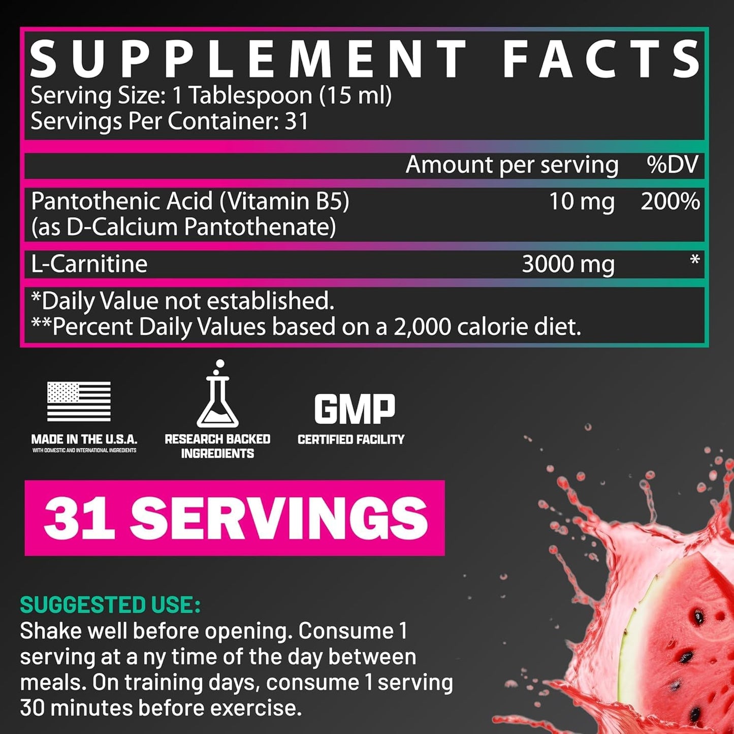 Nutrex Research L Carnitine 3000 - Clinically Dosed L-Carnitine Liquid for Energy, Metabolism & Muscle Recovery - Delicious Strawberry Watermelon - No Sugar, No Carbs - dailyvitalstore