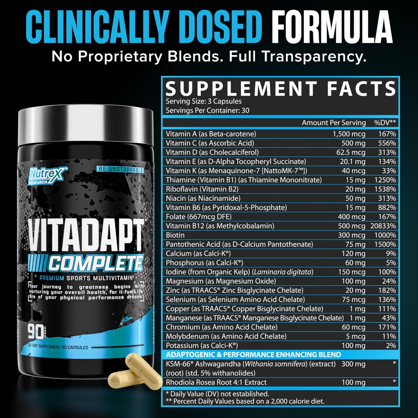 Nutrex Research Vitadapt Complete Sports Multivitamin for Men - 24 Vitamins, KSM-66 Ashwagandha and Minerals for Athletes - Mens Multivitamin (90 Capsules) - dailyvitalstore