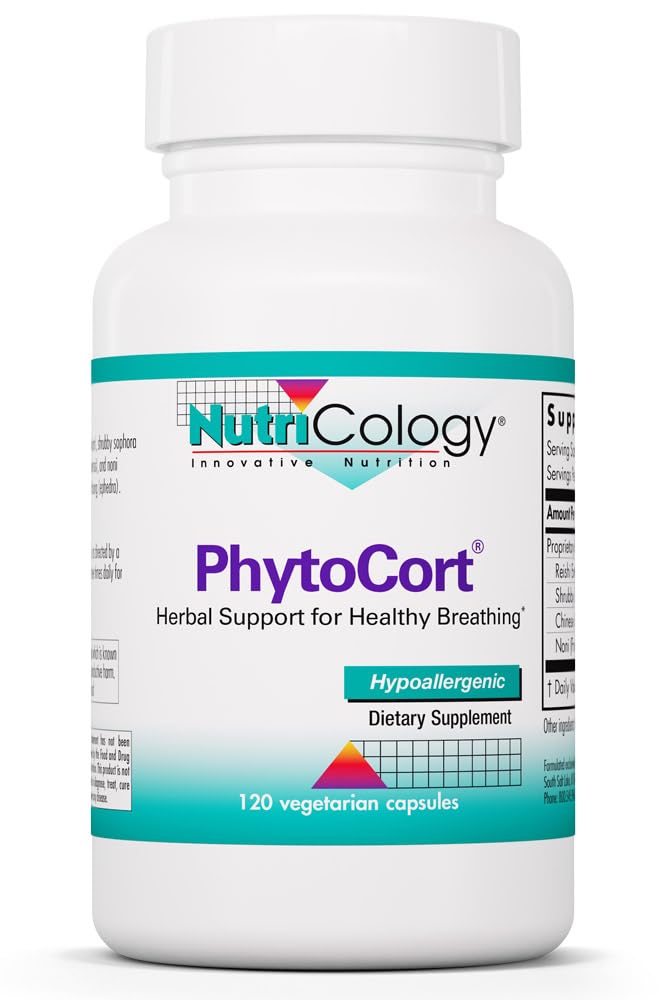 Nutricology PhytoCort Supplement - Respiratory Support, Lung Health, Lung Detox, Lung Cleanse, Healthy Breathing, Herbal Support, Reishi, Licorice, Noni, Vegetarian Capsules - 120 Count - dailyvitalstore