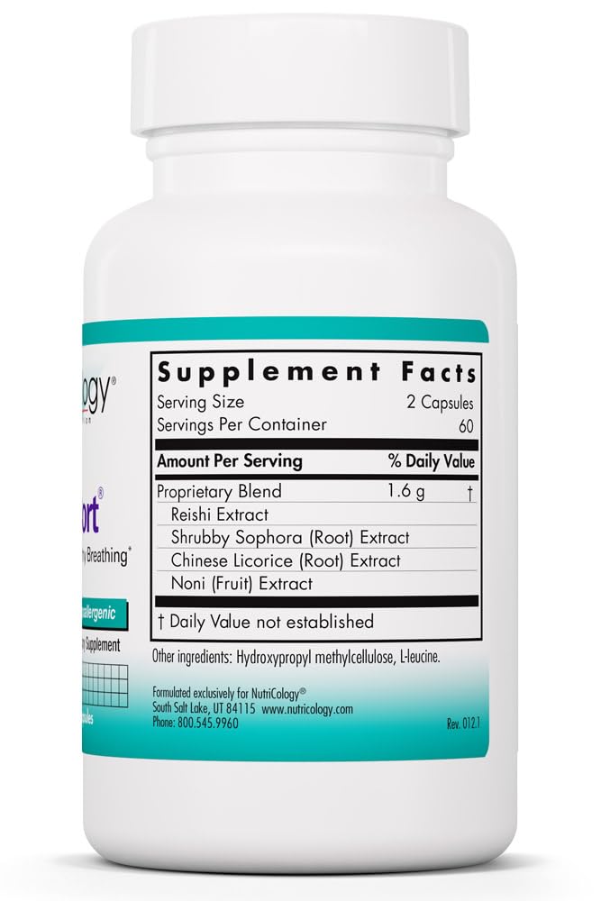 Nutricology PhytoCort Supplement - Respiratory Support, Lung Health, Lung Detox, Lung Cleanse, Healthy Breathing, Herbal Support, Reishi, Licorice, Noni, Vegetarian Capsules - 120 Count - dailyvitalstore