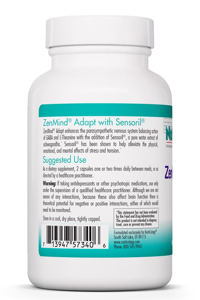 NutriCology ZenMind Adapt - 200 mg L-Theanine, 125 mg Ashwagandha & 550 mg GABA - Supports Stress Response and Calmness - Vegetarian Capsules - Hypoallergenic Formula - 30 Servings - 60 Capsules - dailyvitalstore