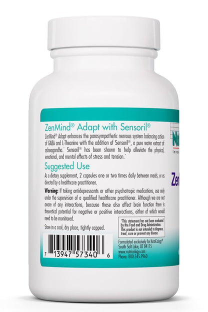 NutriCology ZenMind Adapt - 200 mg L-Theanine, 125 mg Ashwagandha & 550 mg GABA - Supports Stress Response and Calmness - Vegetarian Capsules - Hypoallergenic Formula - 30 Servings - 60 Capsules - dailyvitalstore