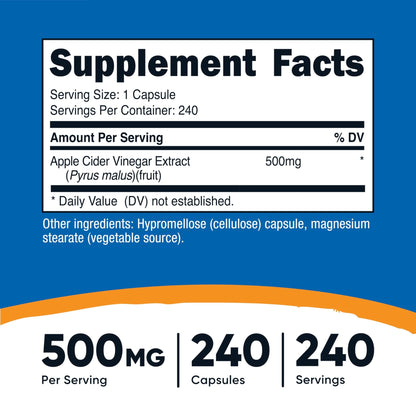Nutricost Apple Cider Vinegar Capsules 500mg, 240 Vegetarian Capsules - Natural, Vegetarian, GMP, Non-GMO and Gluten Free - dailyvitalstore