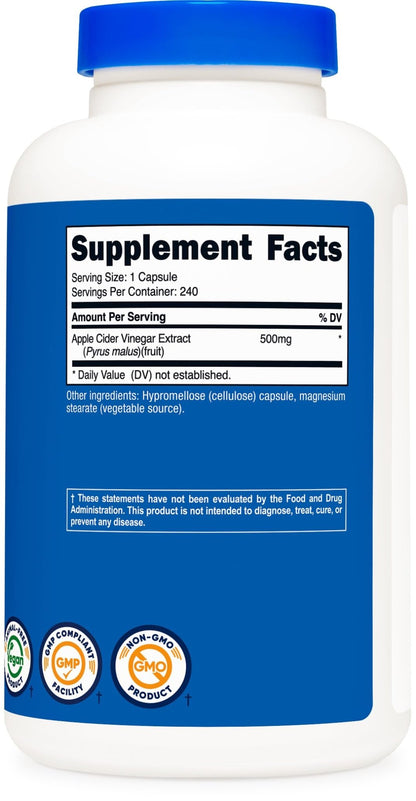 Nutricost Apple Cider Vinegar Capsules 500mg, 240 Vegetarian Capsules - Natural, Vegetarian, GMP, Non-GMO and Gluten Free - dailyvitalstore