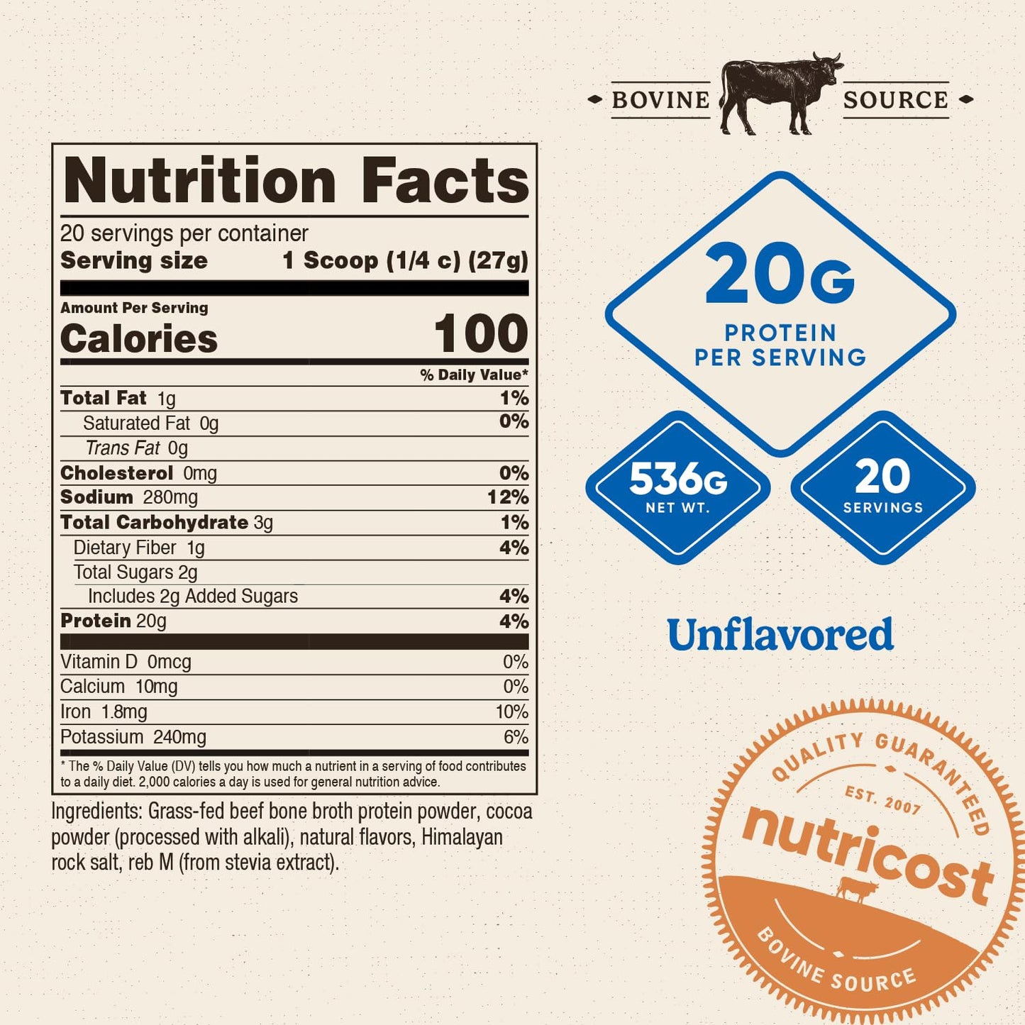 Nutricost Beef Bone Broth Protein Powder Chocolate (20 Servings) - Gluten-Free, GMO-Free - dailyvitalstore